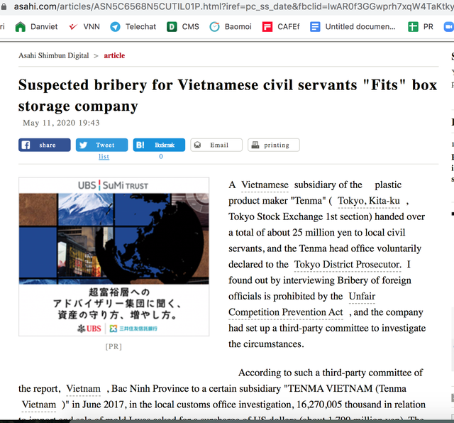 Bất thường nghi vấn Công ty Tenma hối lộ công chức Việt Nam 25 triệu yên - 1