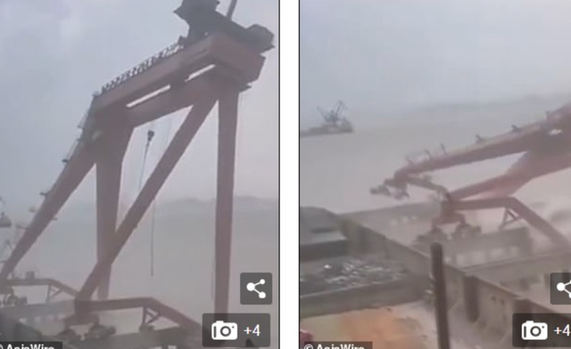 Video: Hãi hùng cần cẩu nặng 10 tấn bị gió lớn quật ngã, đổ sập xuống biển