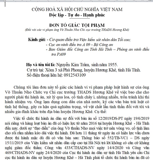 Đương sự tố giác Chi cục trưởng hành dân tới nhiều cơ quan Trung ương - 1 Đương sự tố giác Chi cục trưởng hành dân tới nhiều cơ quan Trung ương - 1