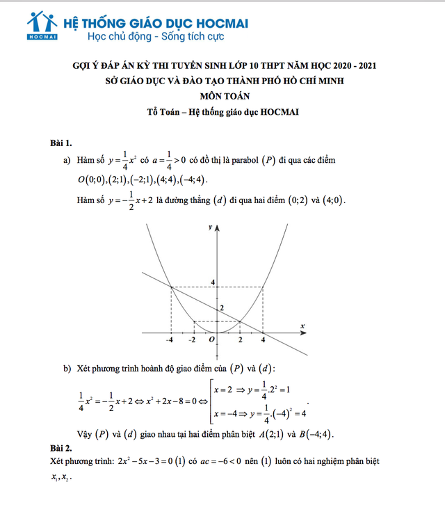 TP.HCM: Gợi ý đáp án đề thi môn Toán vào lớp 10 THPT - 1 TP.HCM: Gợi ý đáp án đề thi môn Toán vào lớp 10 THPT - 1