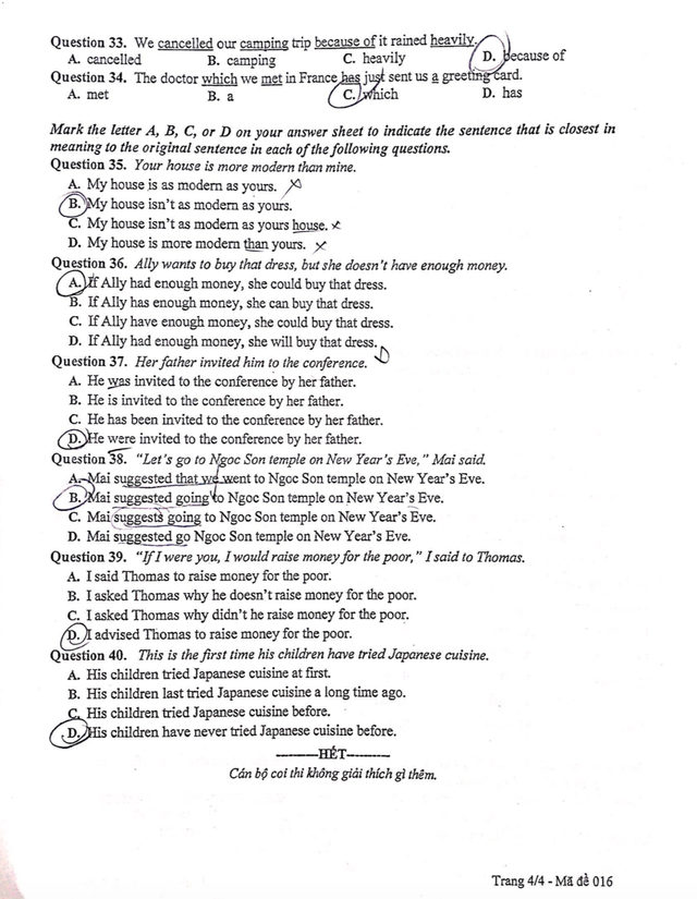 Gợi ý đáp án đề thi môn tiếng Anh vào lớp 10 của Hà Nội - 4