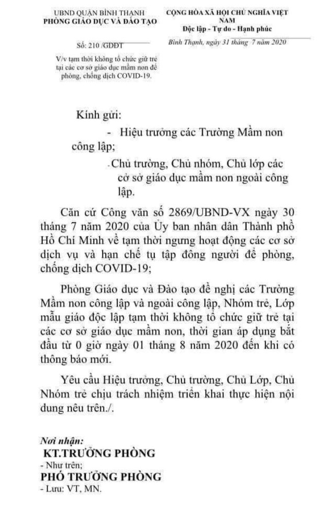 Thu hồi văn bản yêu cầu trường không giữ trẻ tránh dịch bệnh Covid-19 - 1 Thu hồi văn bản yêu cầu trường không giữ trẻ tránh dịch bệnh Covid-19 - 1