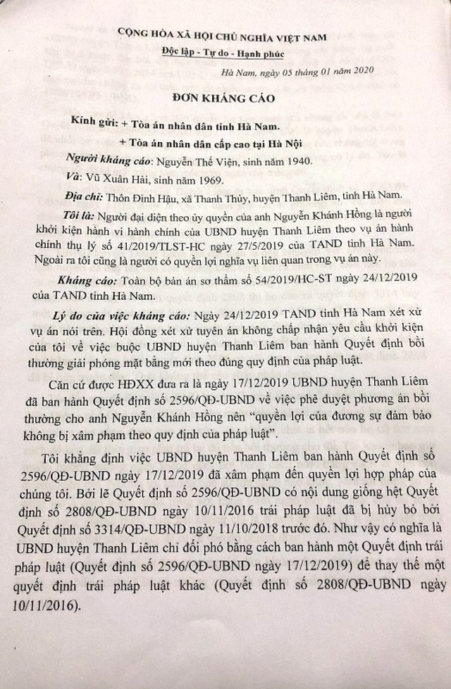 Vụ dân kiện quyết định của UBND huyện: TAND cấp cao thụ lý đơn kháng cáo! - 1 Vụ dân kiện quyết định của UBND huyện: TAND cấp cao thụ lý đơn kháng cáo! - 1