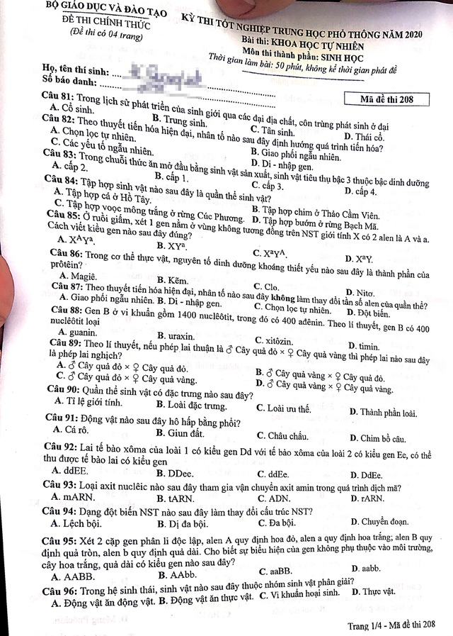 Gợi ý giải đề thi môn Sinh học tốt nghiệp THPT 2020 - 3 Gợi ý giải đề thi môn Sinh học tốt nghiệp THPT 2020 - 3