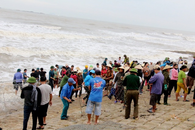 Hàng trăm người vác đá gia cố, mong cứu kè biển khỏi bão số 9 - 1
