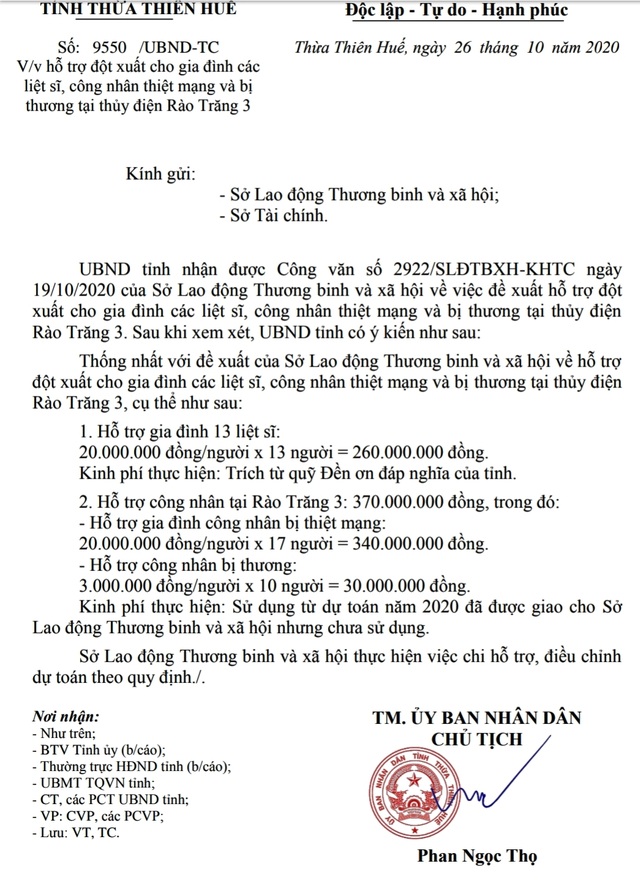 Hỗ trợ 630 triệu đồng tới gia đình liệt sĩ, công nhân trong vụ Rào Trăng 3 - 1 Hỗ trợ 630 triệu đồng tới gia đình liệt sĩ, công nhân trong vụ Rào Trăng 3 - 1