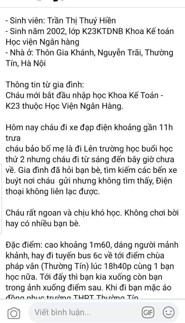 Công an phát thông báo truy tìm nữ sinh Học viện Ngân hàng mất tích - 2 Công an phát thông báo truy tìm nữ sinh Học viện Ngân hàng mất tích - 2