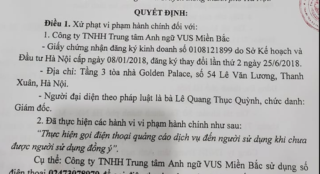 Hà Nội: Trung tâm Anh ngữ bị phạt nặng vì gọi điện quảng cáo - 1 Hà Nội: Trung tâm Anh ngữ bị phạt nặng vì gọi điện quảng cáo - 1