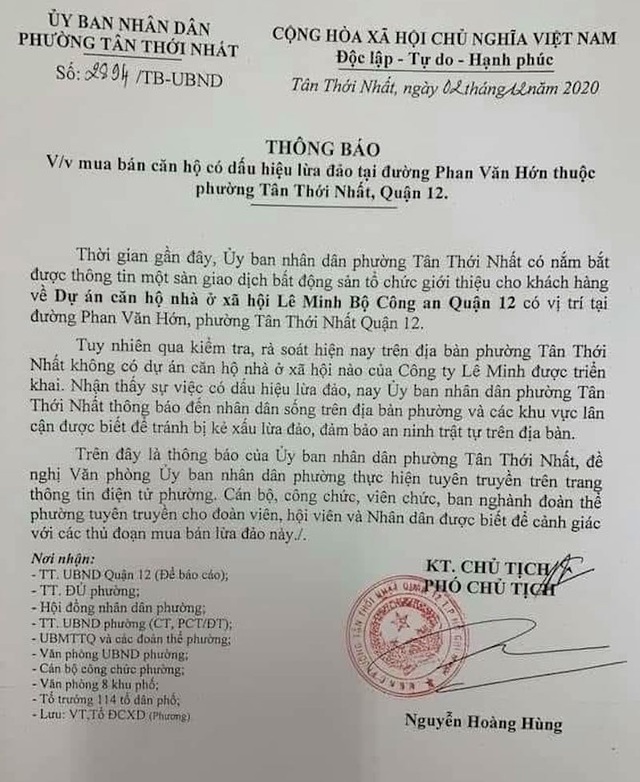 TPHCM: Chính quyền đưa ra cảnh báo dấu hiệu lừa đảo mua bán căn hộ Lê Minh - 1 TPHCM: Chính quyền đưa ra cảnh báo dấu hiệu lừa đảo mua bán căn hộ Lê Minh - 1