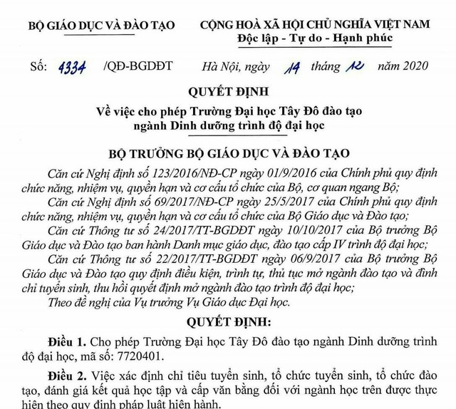 Trường Đại học Tây Đô mở ngành Dinh dưỡng trình độ đại học - 1 Trường Đại học Tây Đô mở ngành Dinh dưỡng trình độ đại học - 1
