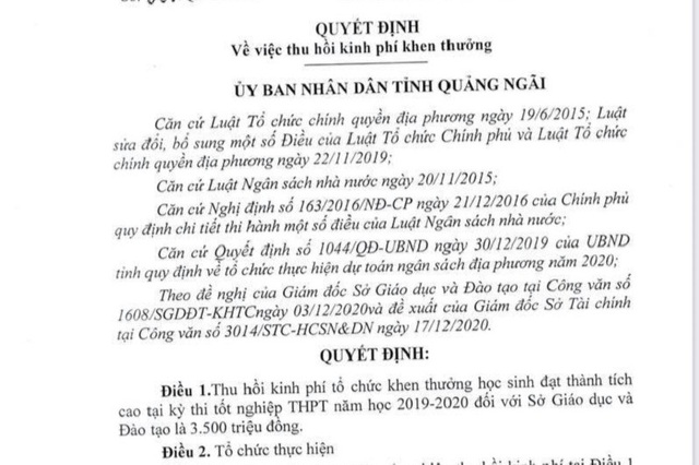 Dừng chi 3,5 tỷ đồng khen thưởng học sinh: Chủ tịch tỉnh yêu cầu báo cáo - 2