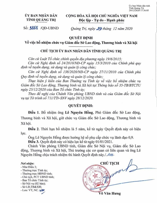 Ông Lê Nguyên Hồng được bổ nhiệm làm Giám đốc Sở LĐ-TBXH tỉnh Quảng Trị - 1 Ông Lê Nguyên Hồng được bổ nhiệm làm Giám đốc Sở LĐ-TBXH tỉnh Quảng Trị - 1