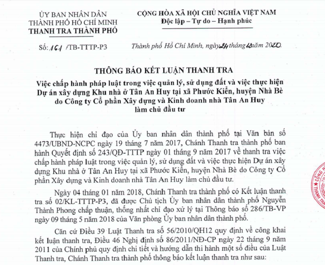 Thanh tra TPHCM khui hàng loạt sai phạm của khu nhà ở Tân An Huy - 1 Thanh tra TPHCM khui hàng loạt sai phạm của khu nhà ở Tân An Huy - 1