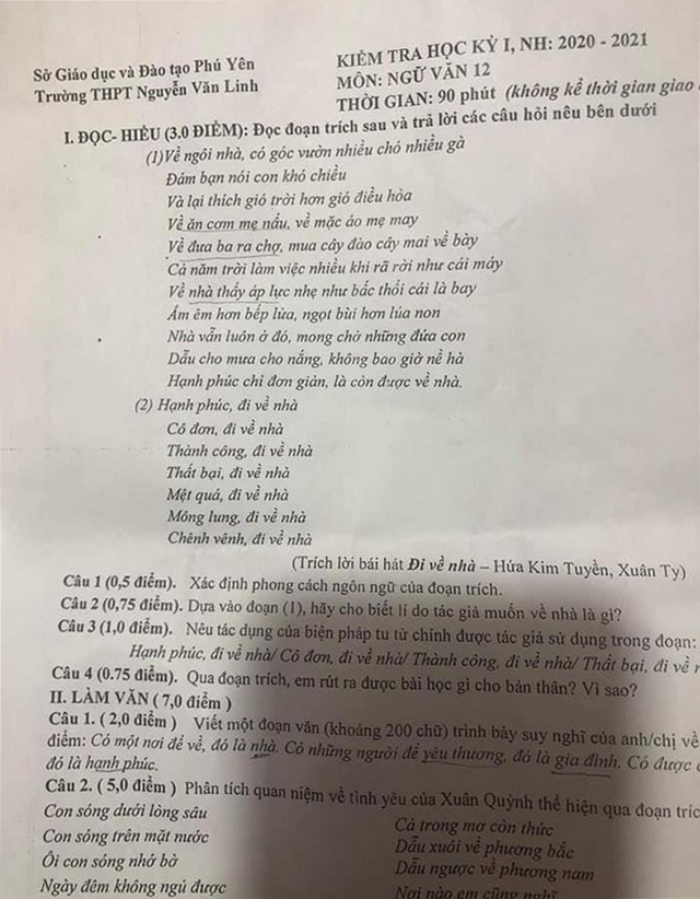 Lời bài hát Đi về nhà của ca sỹ Đen Vâu vào đề thi học kỳ lớp 12 - 1