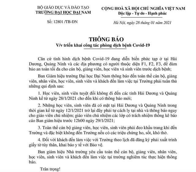 Trường ĐH Đại Nam khẩn cấp kích hoạt chống dịch Covid-19 ở mức độ cao nhất - 1 Trường ĐH Đại Nam khẩn cấp kích hoạt chống dịch Covid-19 ở mức độ cao nhất - 1