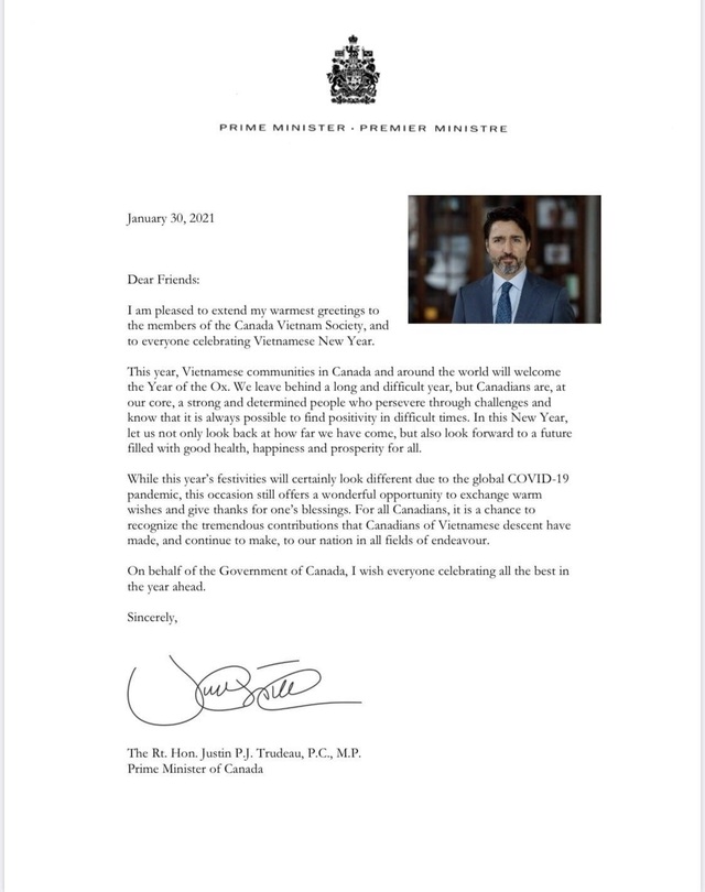 Thủ tướng Canada gửi thư chúc Tết, ca ngợi đóng góp của người gốc Việt - 2