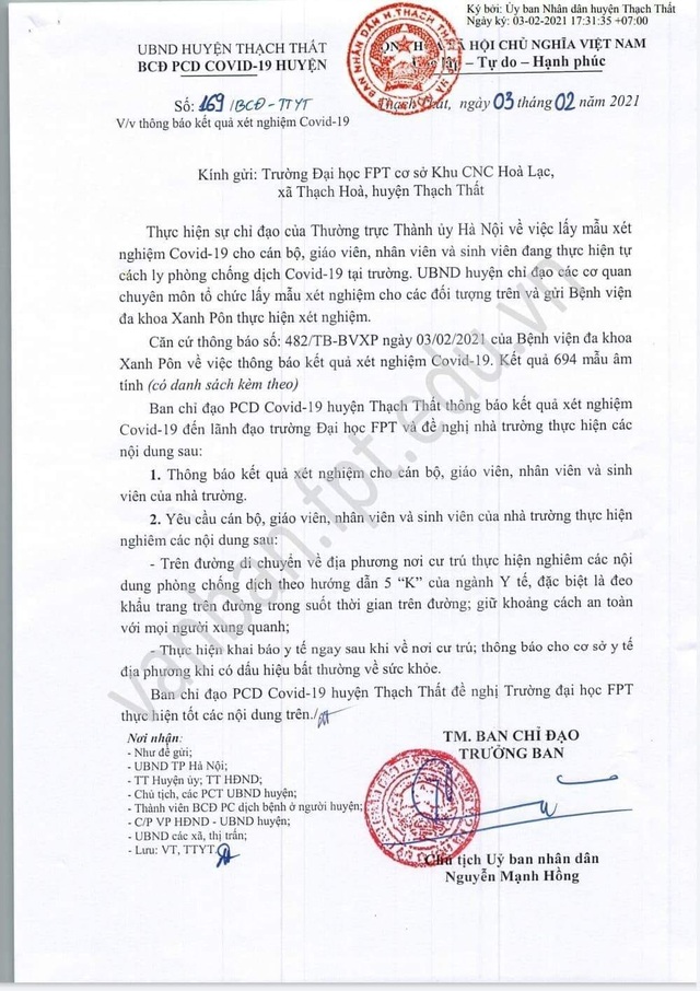 694 giảng viên, sinh viên trường ĐH FPT đều có kết quả âm tính - 1 694 giảng viên, sinh viên trường ĐH FPT đều có kết quả âm tính - 1