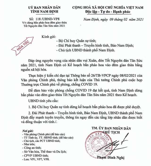 Nam Định ra công văn hỏa tốc hủy kế hoạch bắn pháo hoa đêm Giao thừa - 1 Nam Định ra công văn hỏa tốc hủy kế hoạch bắn pháo hoa đêm Giao thừa - 1