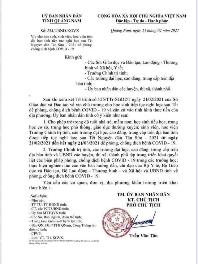 Quảng Nam: Xuất hiện văn bản giả cho học sinh nghỉ học đến ngày 21/3/2021 - 1 Quảng Nam: Xuất hiện văn bản giả cho học sinh nghỉ học đến ngày 21/3/2021 - 1