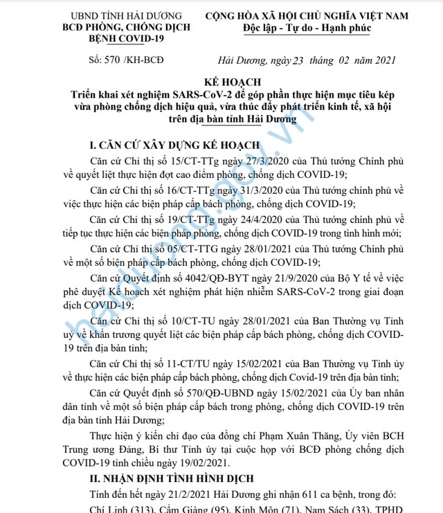 Hải Dương xét nghiệm SARS-CoV-2 trên diện rộng từ ngày 24/2 - 2 Hải Dương xét nghiệm SARS-CoV-2 trên diện rộng từ ngày 24/2 - 2