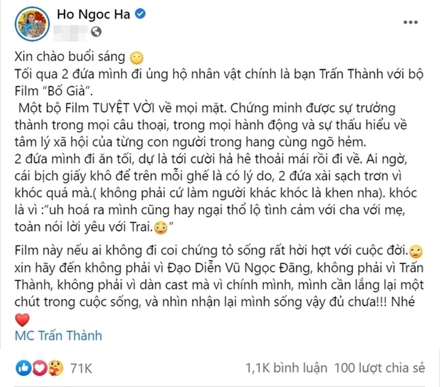 Trấn Thành nói gì về phát ngôn gây tranh cãi của Hà Hồ về phim Bố già?