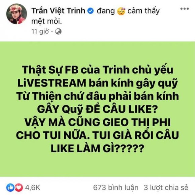 Diễn viên Việt Trinh bức xúc khi bị mỉa mai bán hàng từ thiện để câu view