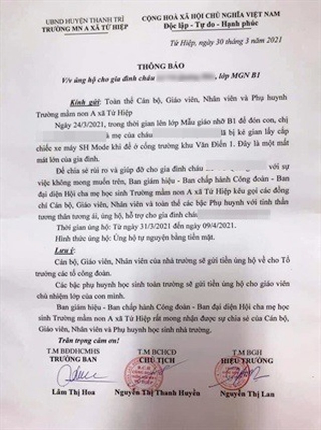 Hà Nội: Trường mầm non kêu gọi mua xe máy SH cho phụ huynh bị mất cắp - 1 Hà Nội: Trường mầm non kêu gọi mua xe máy SH cho phụ huynh bị mất cắp - 1