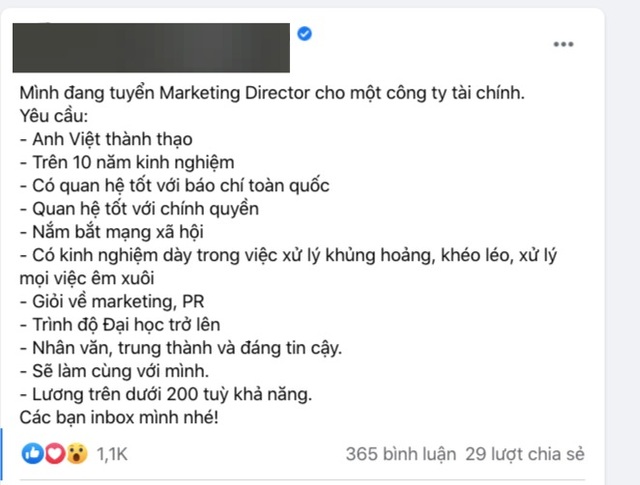Sửng sốt với bản tuyển dụng cộng sự lương 200 triệu đồng/tháng - 1 Sửng sốt với bản tuyển dụng cộng sự lương 200 triệu đồng/tháng - 1