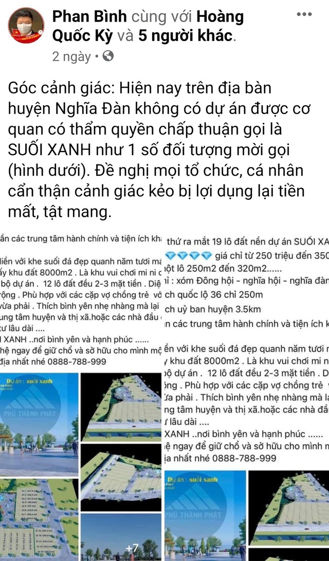 Trên trang cá nhân của mình, ông Phan Văn Bình - Phó chủ tịch UBND huyện Nghĩa Đàn đăng status cảnh báo dự án ma.