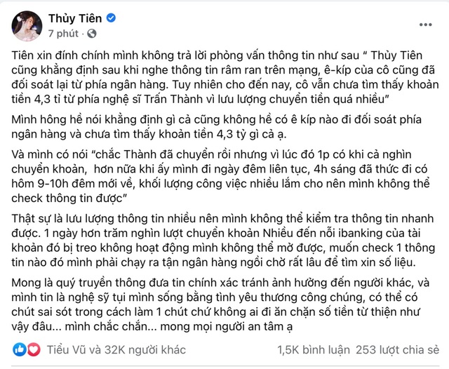 Trấn Thành trần tình việc không gửi 4,7 tỷ đồng từ thiện cho Thủy Tiên