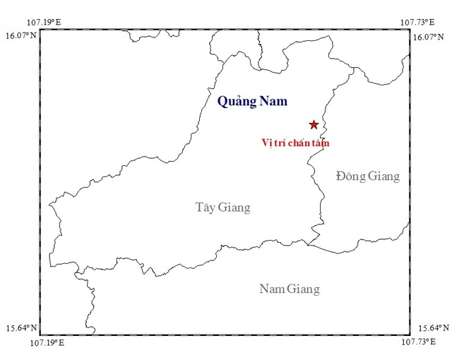 Động đất mạnh 3,4 độ richter ở Quảng Nam - 1 Vị trí trận động đất xảy ra tại khu vực huyện Tây Giang, Quảng Nam (Ảnh: Viện vật lý địa cầu)