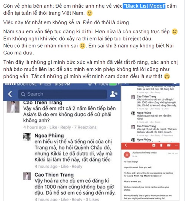 Thiên Trang, Lê Thúy tố bị cấm diễn thời trang - 1 Cao Thiên Trang lên tiếng tố cáo có black list model tại Tuần lễ thời trang quốc tế Việt Nam chèn ép khiến nhiều chân dài không thể tham dự dù được nhà thiết kế mời trình diễn.