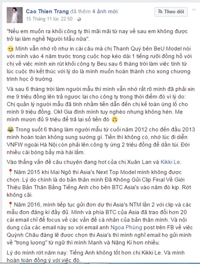 Thiên Trang, Lê Thúy tố bị cấm diễn thời trang - 3 Cao Thiên Trang cũng nhắc đến việc bị đối xử bạc bẽo khi quyết định rời khỏi BeU Model.
