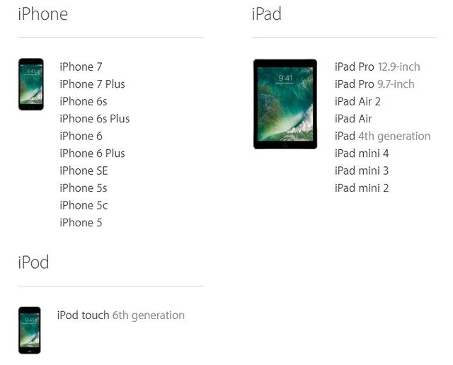 iOS 10 sẽ đến tay người dùng Việt vào rạng sáng ngày 14/9 - 2 Danh sách các thiết bị sẽ được cập nhật iOS 10