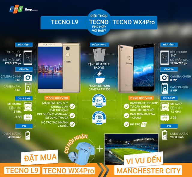 Bất ngờ trúng chuyến du lịch Anh khi mua điện thoại chỉ 2,99 triệu đồng - 3 Chọn mua bộ đôi TECNO WX4 Pro và TECNO L9 tại FPT Shop, bạn sẽ nhận ngay bộ quà TECNO tiện ích gồm gậy selfie và giá đỡ điện thoại.