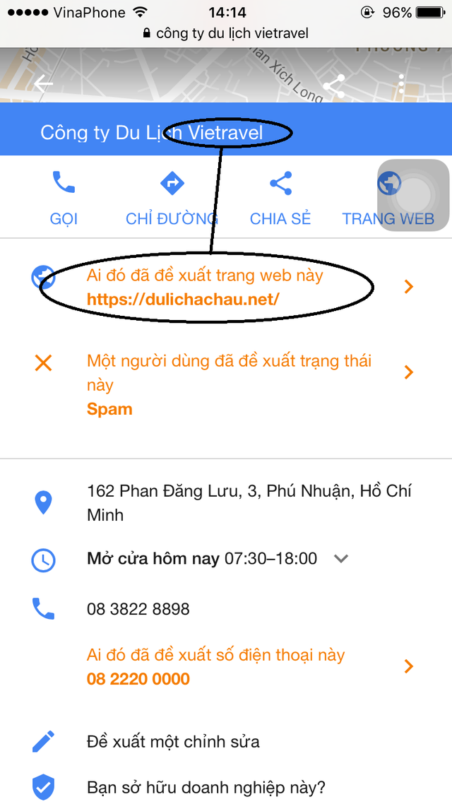 Có thể phạt trên 100 triệu với hành vi gây rối hoạt động kinh doanh của doanh nghiệp khác - 2 Thông tin trên Google maps của đơn vị Vietravel bị ai đó đã đề xuất dẫn về trang dulichachau.net.