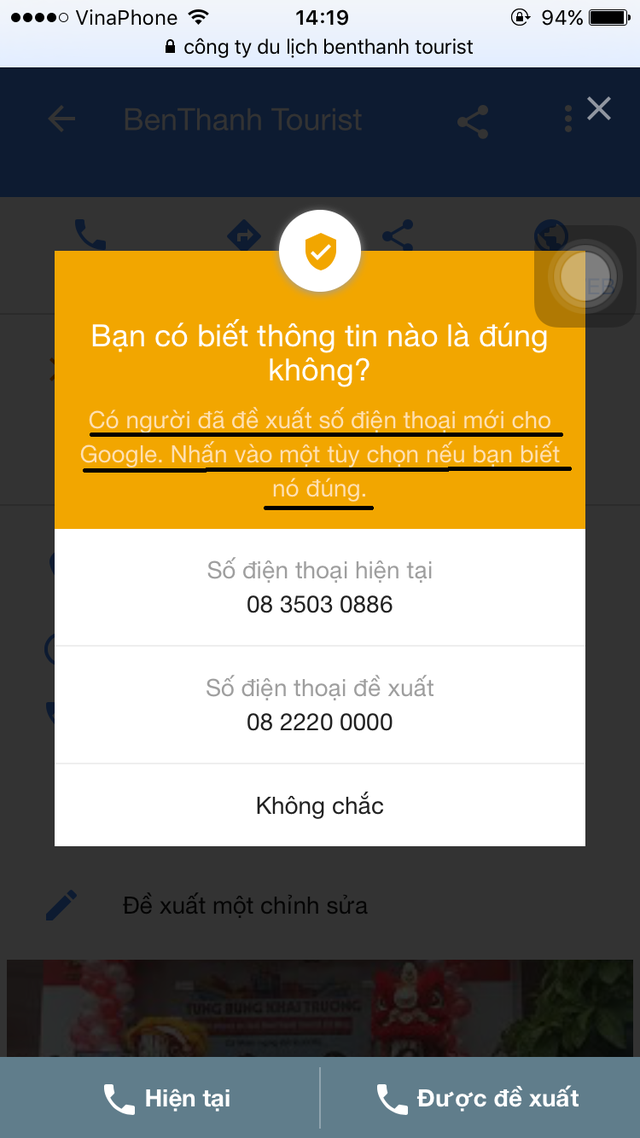 Doanh nghiệp bức xức vì ngang nhiên bị sửa số điện thoại trên Google Map - 4 Khi thông tin bị “can thiệp”, Google Map sẽ xuất hiện thông báo này khi có người tra cứu.