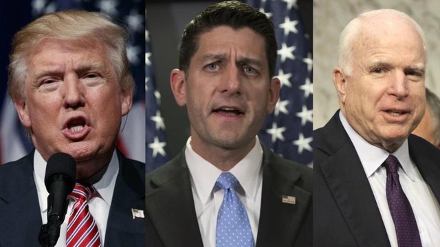 Nghị sĩ đảng Cộng hòa đồng loạt tẩy chay Donald Trump - 2 Từ trái qua phải: ông Donald Trump, ông Paul Ryan và ông John McCain (Ảnh: Sandiegouniontribune)