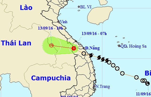 Áp thấp nhiệt đới đã qua khu vực biên giới Việt - Lào - 1 Vị trí và hướng di chuyển của áp thấp nhiệt đới (Ảnh: NCHMF).