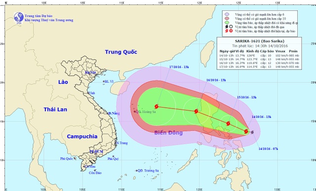 Xuất hiện cơn bão mạnh gần Biển Đông - 1 Vị trí và hướng di chuyển của bão Sarika (Ảnh: NCHMF).