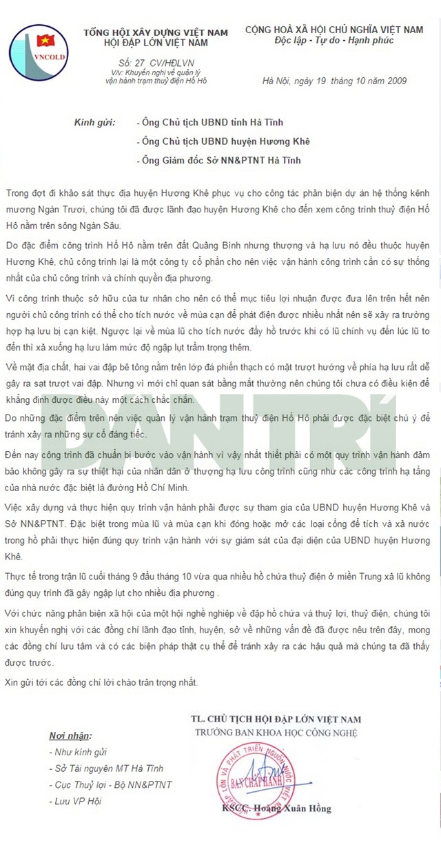 Thủy điện Hố Hô từng bị cảnh báo về công tác phối hợp xả lũ - 2 Công văn số 27CV/HĐLVN ngày 19/10/2009 của Hội đập lớn và Phát triển Nguồn nước Việt Nam gửi lãnh đạo tỉnh Hà Tĩnh.