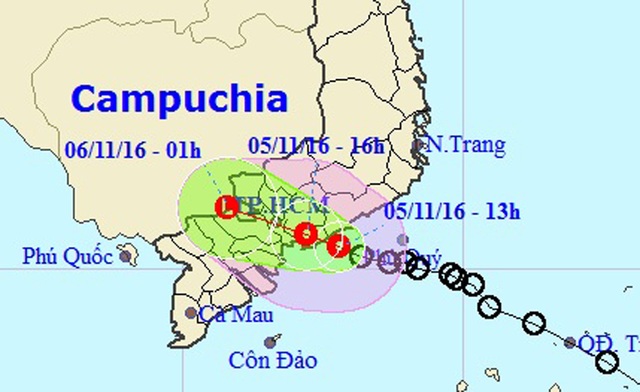 Áp thấp nhiệt đới vào đất liền, suy yếu thành vùng áp thấp - 1 Áp thấp nhiệt đới sau khi đổ bộ vào đất liền đã suy yếu thành vùng áp thấp (Ảnh: NCHMF).