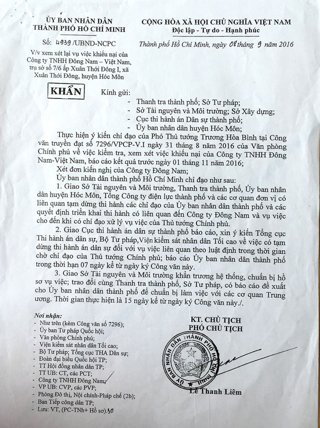 Vụ thi hành án kiểu “kì lạ”: Phớt lờ hàng loạt chỉ đạo, “hành” doanh nghiệp khốn khổ! - 2 Phó Chủ tịch UBND thành phố Lê Thanh Liêm ra văn bản khẩn giao các cơ quan liên quan tạm dừng các quyết định triển khai thi hành án có liên quan Cty TNHH Đông Nam VN