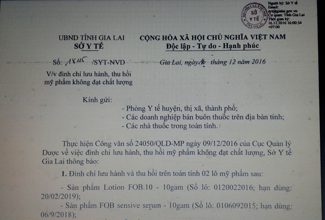 Đình chỉ lưu hành, thu hồi 2 lô mỹ phẩm kém chất lượng - 1 Văn bản của Sở Y tế tỉnh Gia Lai