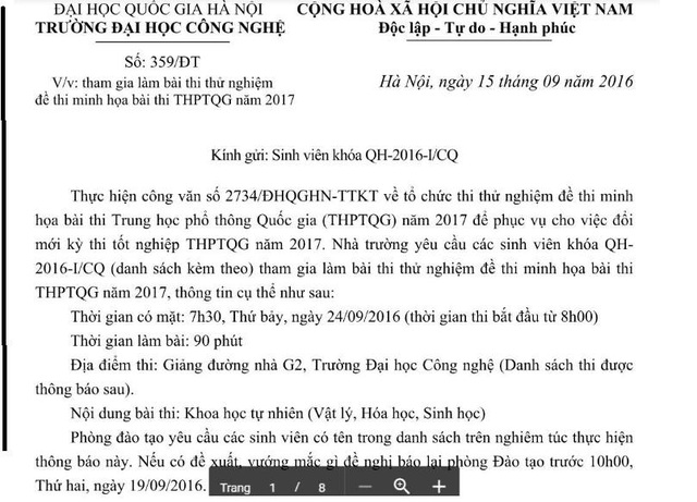 ĐH Quốc gia Hà Nội không “thử đề thi” cho Bộ Giáo dục - 1 Thông báo thử nghiệm đề thi được gửi đến sinh viên của ĐH Công nghệ (ĐHQG Hà Nội)
