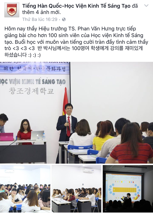 Chức danh hiệu trưởng vẫn được áp dụng với ông Hưng trên facebook Tiếng Hàn Quốc- Học viện Kinh tế sáng tạo.