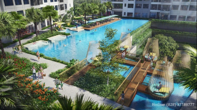 Quận 7: “Mỏ vàng” của giới kinh doanh bất động sản - 3 Hồ bơi nước mặn tràn bờ dài 50m nhìn xuống thác nước ấn tượng (Ảnh phối cảnh)