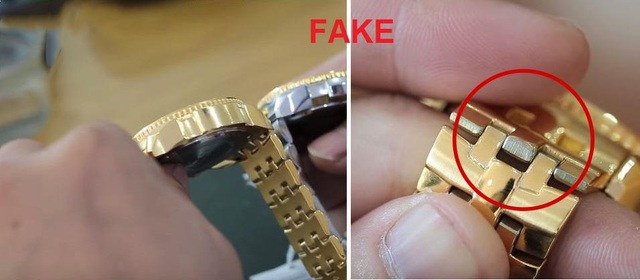 4 mẹo phân biệt đồng hồ thật - giả được chuyên gia mách nước - 3 Dây kim loại đồng hồ Giả lỏng lẻo, không mịn, màu mạ không đều và nhẹ