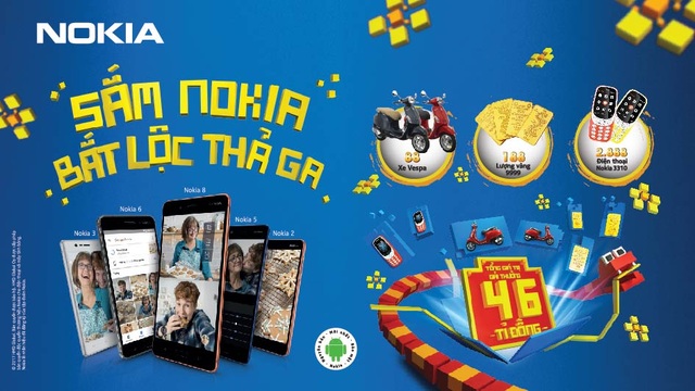 Săn khuyến mãi lớn cùng Nokia trúng ngay xe máy Vespa - 3 Chương trình “Sắm Nokia. Bắt lộc thả ga” áp dụng cho các khách hàng mua các dòng smartphone của Nokia bao gồm: Nokia 2, Nokia 3, Nokia 5, Nokia 6 và Nokia 8 trong thời gian triển khai chương trình khuyến mãi