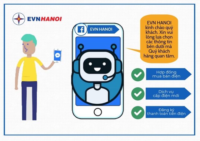 EVN Hanoi tiếp tục phát triển trí tuệ nhân tạo trong chăm sóc khách hàng - 2 Chatbot tích hợp với trang Fanpage EVN HANOI với nhiều tính năng mới